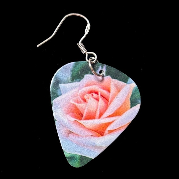 Hand Crafted Earrings Silver Plate Repurposed Guitar Picks Digital Photo Rose - Picture 3 of 7